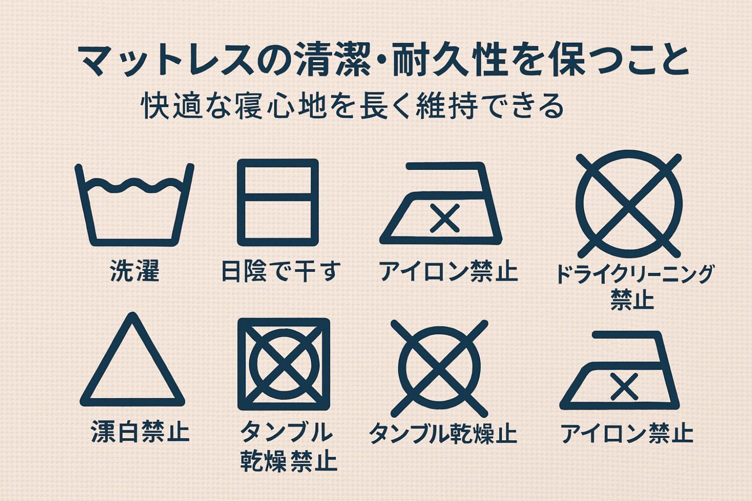 「洗濯表示アイコンを並べた図解」 （例：水洗いマーク・陰干しマーク・アイロン不可マークなどを視覚的にまとめる） 洗濯表示を理解することで、マットレスの清潔さだけでなく耐久性も守れるため、結果的に快適な寝心地を長く維持できます。