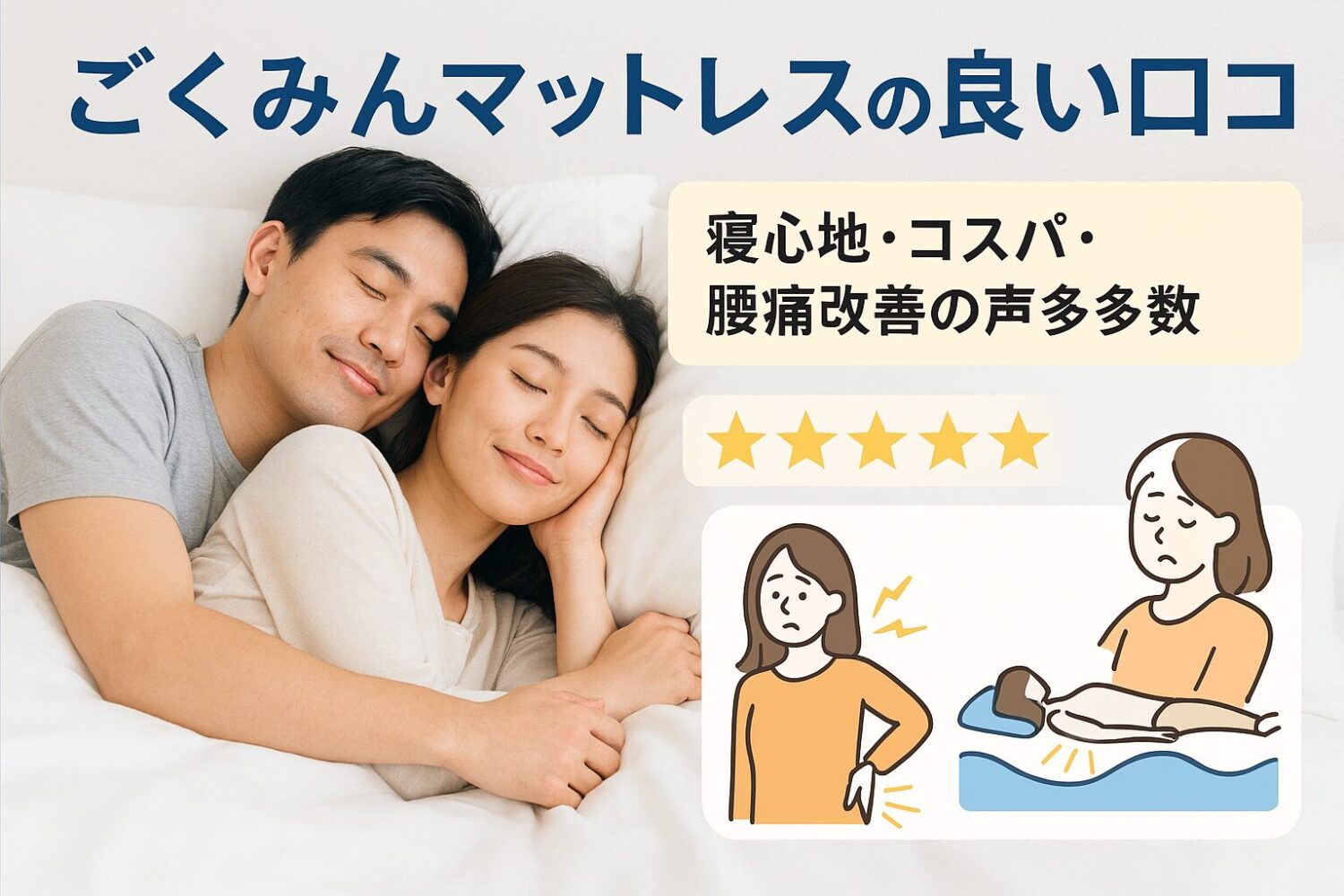 テーマ：ごくみんマットレスの良い評判・口コミを紹介する安心感のあるビジュアル 要素：快適に眠る男女、腰や肩が楽になった様子を示す画像、口コミ評価をイメージさせる星マークやレビュー枠 雰囲気：リラックス・信頼感・清潔感 テキスト要素：「ごくみんマットレスの良い口コミ」「寝心地・コスパ・腰痛改善の声多数」