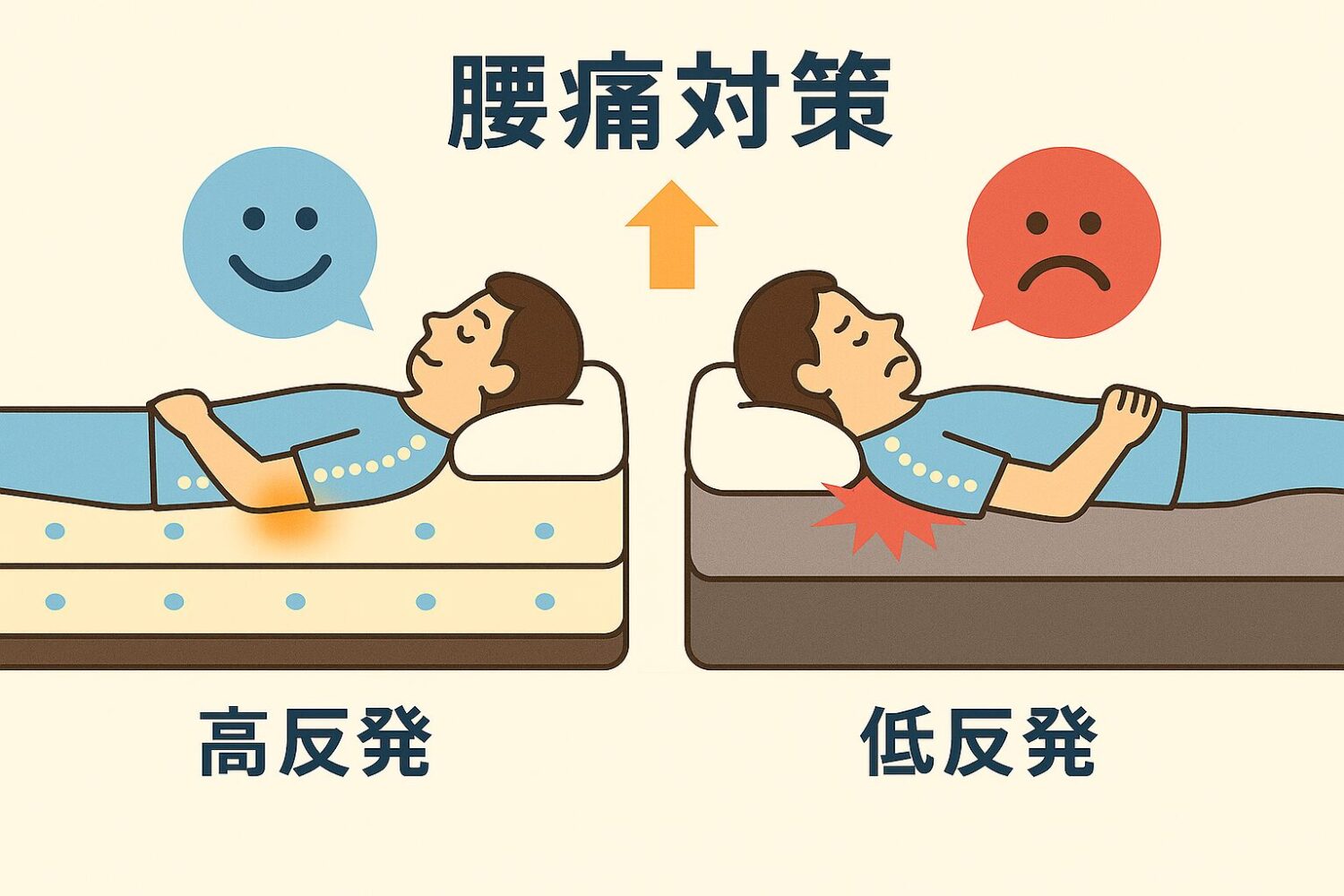 ごくみんマットレス
 「腰痛対策を強調した高反発と低反発の違いを示す比較図」