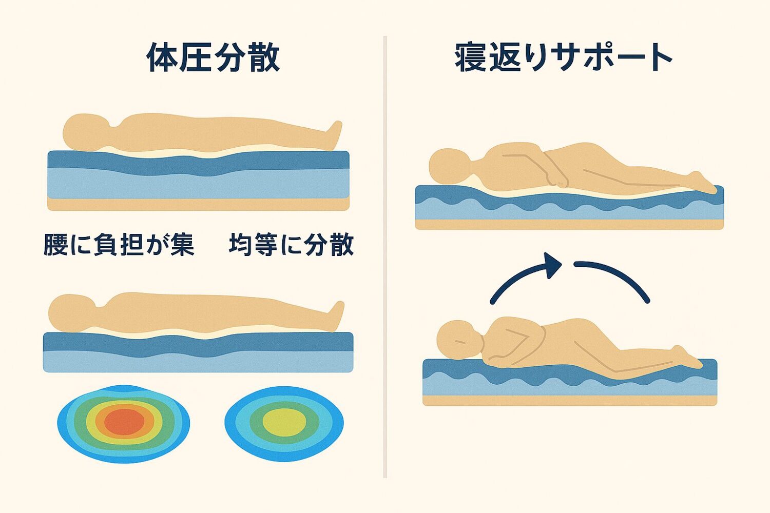 ごくみんマットレスの図解 １，体圧分散の図解 腰に負担が集中 vs 均等に分散のイラスト／体圧の分布を色で表すイメージ ２，寝返りサポートの図解 人がスムーズに寝返りしているイラスト／矢印で体の動きを表す図解