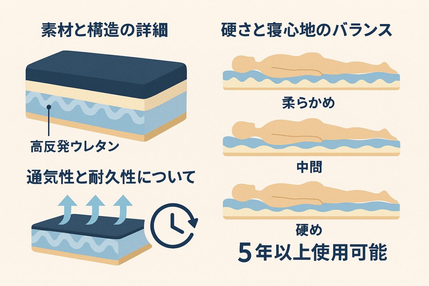 ごくみんマットレスの図解 1. **素材と構造の詳細** → マットレスの断面図イメージ（層構造を視覚的に見せる図） 2. **硬さと寝心地のバランス** → 硬さ別の寝姿勢シルエット比較図（柔らかめ・中間・硬めの体の沈み込みを比較） 3. **通気性と耐久性について** → 通気性を表すイメージ（矢印で空気の流れを表現）や「5年以上使用可能」を示す耐久性イメージ