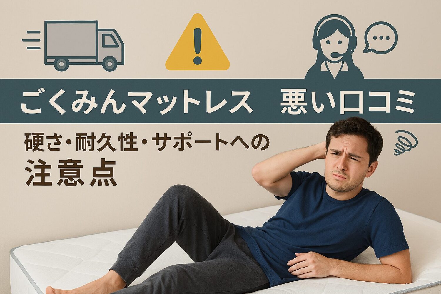 テーマ：ごくみんマットレスの悪い評判・口コミを整理し、注意点をわかりやすく伝えるビジュアル 要素：マットレスに寝る人が違和感を持つ様子、配送トラックやサポート対応をイメージするアイコン、注意マーク 雰囲気：落ち着き・信頼感・客観性 テキスト要素：「ごくみんマットレスの悪い口コミ」「硬さ・耐久性・サポートへの注意点」