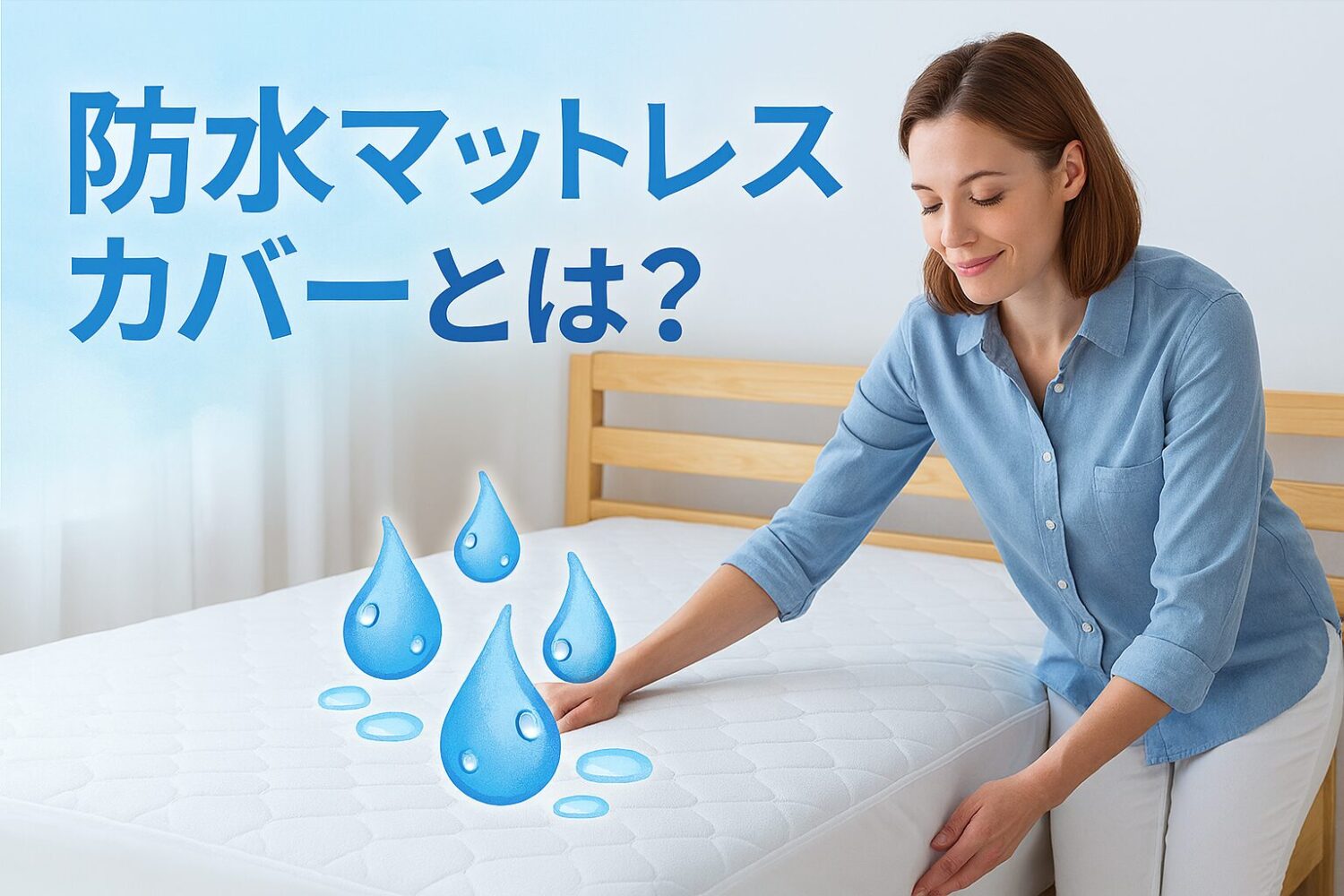 テーマ：防水マットレスカバーとは？ 要素：ベッドの上に清潔な白いマットレスカバー、水滴を弾くイメージ、安心感を与える配色（ブルー・ホワイト系） 雰囲気：清潔・快適・安心 人物の様子：30代女性がベッドを整えながら検討している様子