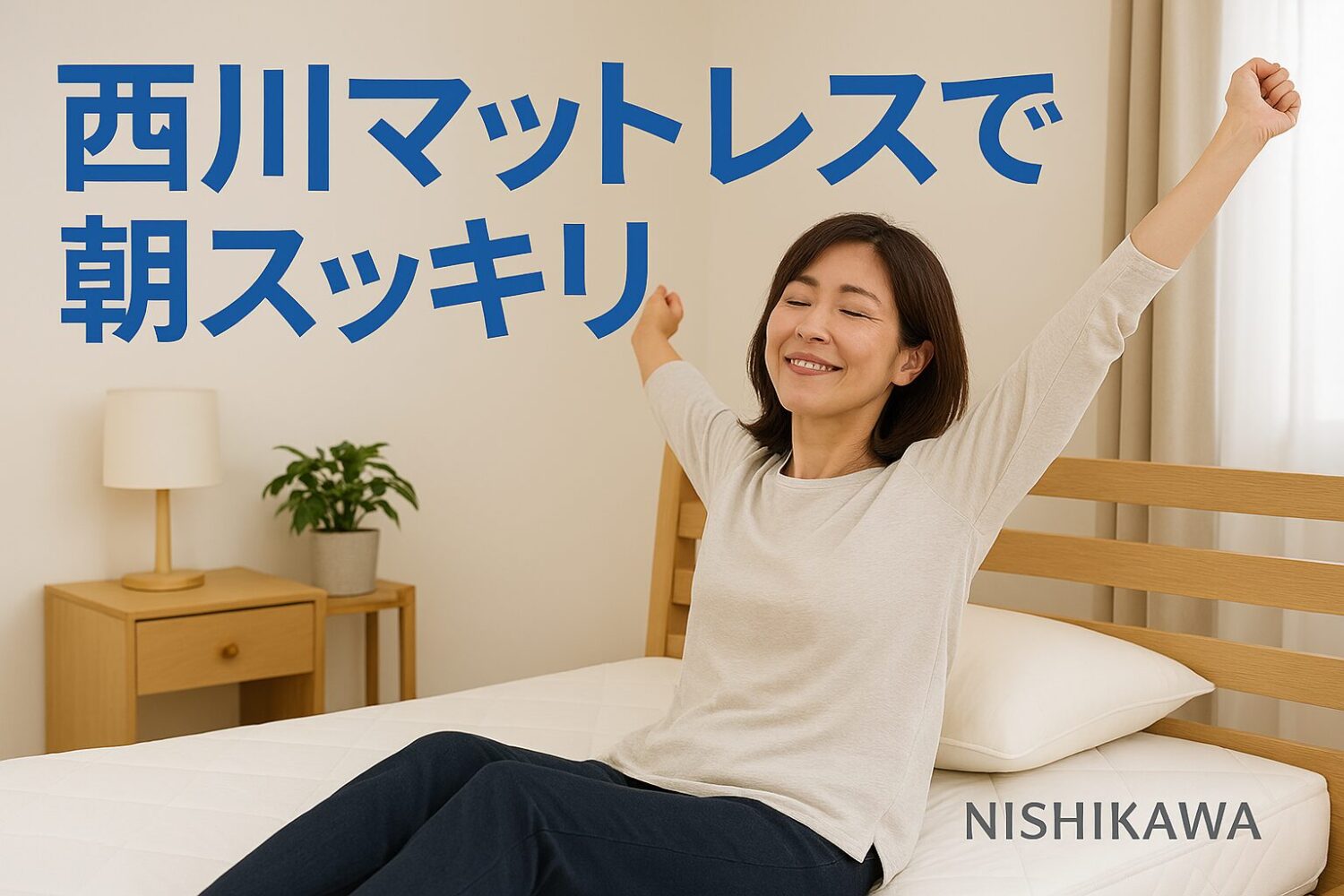 テーマ：西川マットレスで朝スッキリ 雰囲気：清潔感のある寝室イメージ、安心感と信頼感を与えるデザイン 人物像：40代女性、マットレスの上で背伸びをしてスッキリ目覚めた様子