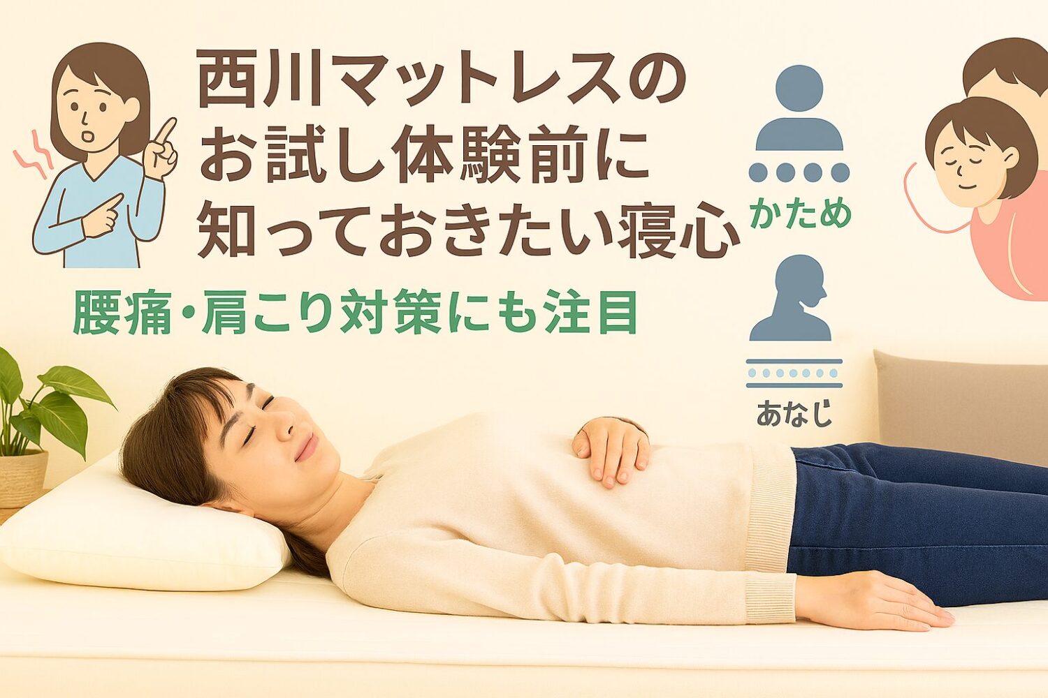 テーマ：西川マットレスのお試し体験前に知っておきたい寝心地と効果 要素：ベッドに横になる人物、腰や肩を指さすイラスト、硬さ比較のアイコン、他社との比較イメージ 雰囲気：やさしく安心感のあるデザイン テキスト要素：「腰痛・肩こり対策にも注目」