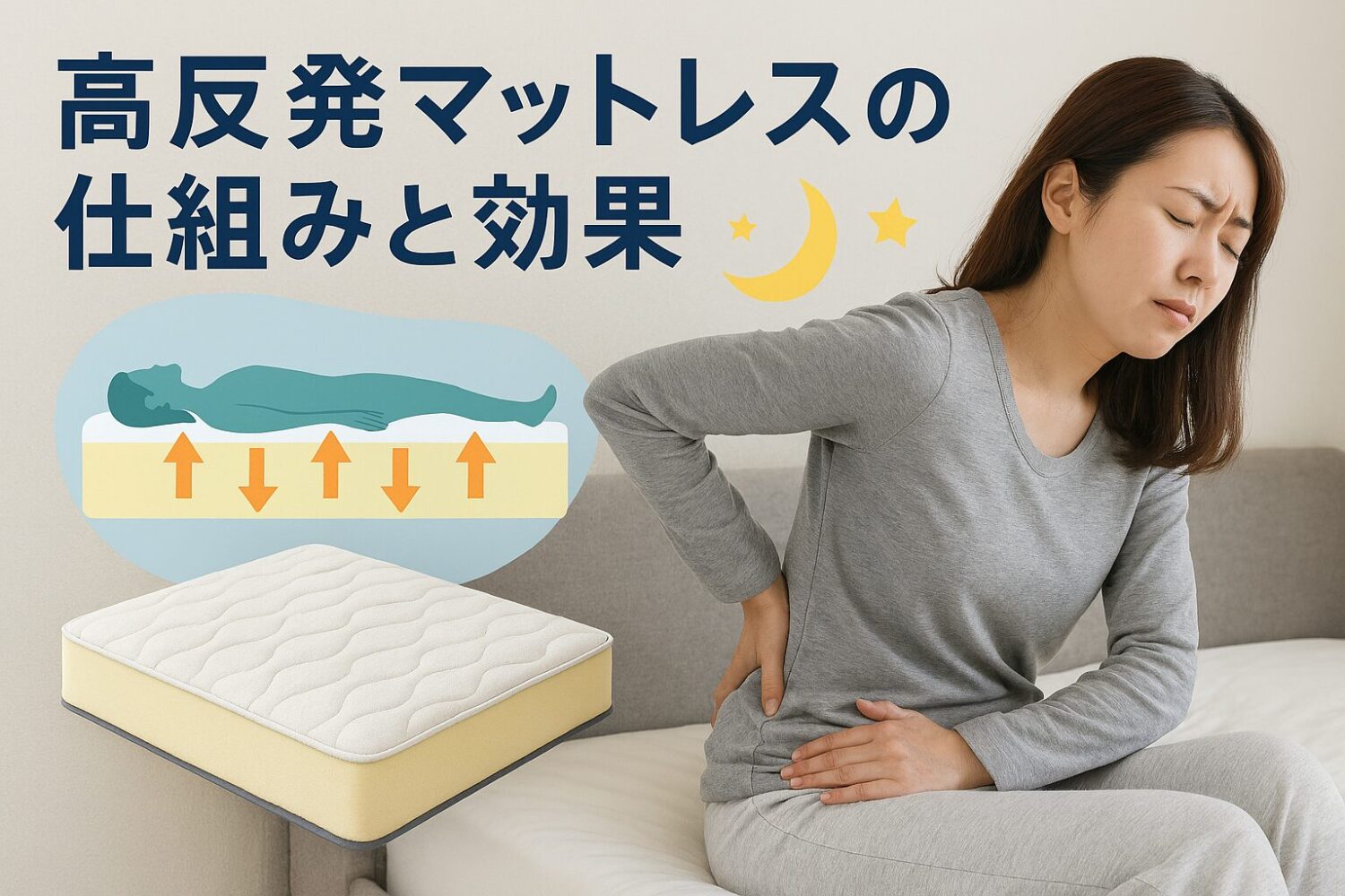 テーマ：西川マットレス 高反発マットレスの仕組みと効果 要素：マットレスのイラスト、体圧分散のイメージ図、快眠を表す月や星のアイコン 雰囲気：清潔感・安心感があり 人物像：30代女性、腰痛持ち、寝起きのだるさに悩んでいる