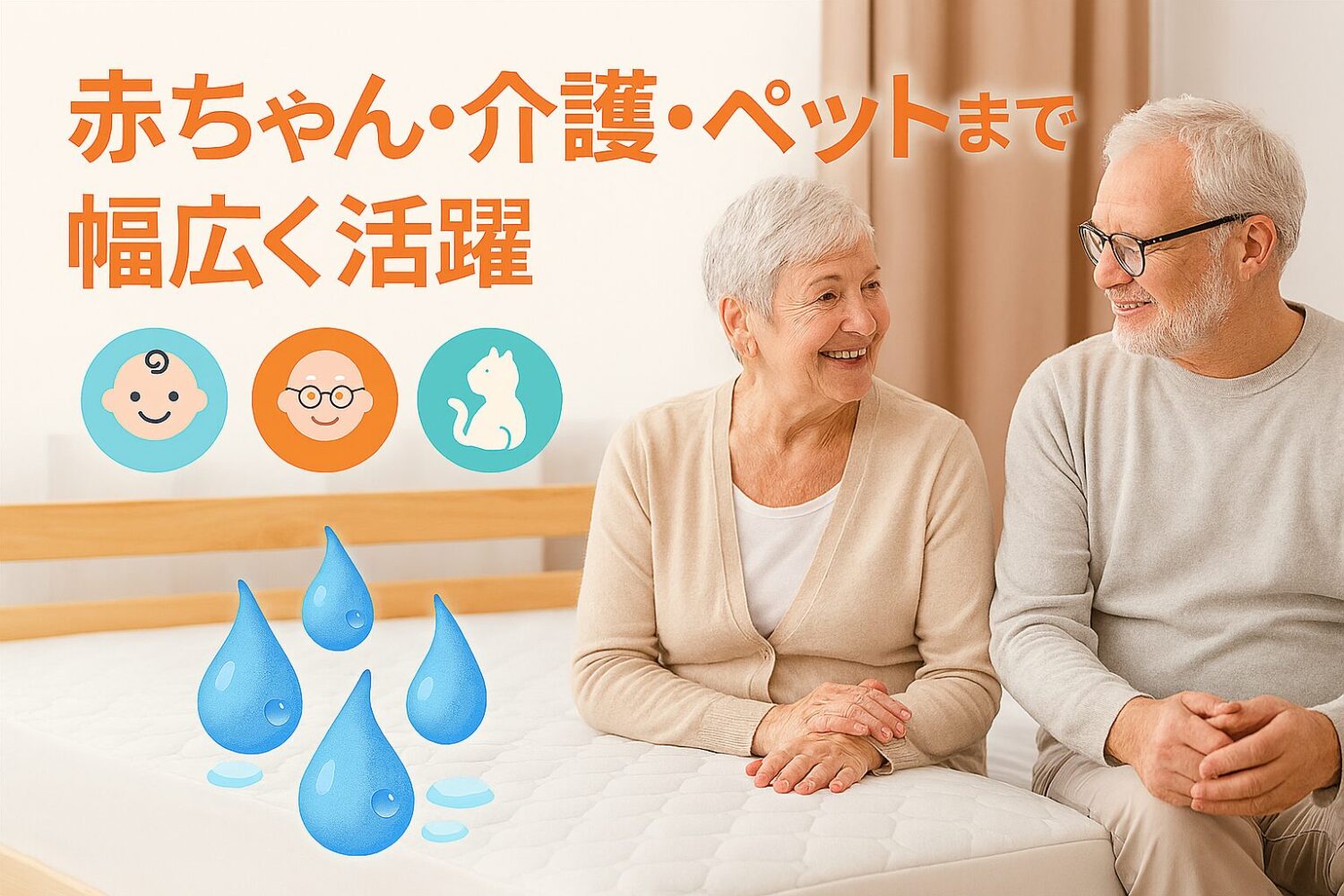 テーマ：赤ちゃん・介護・ペットまで幅広く活躍 要素：ベッド、清潔感あるマットレスカバー、水滴を弾くイメージ、赤ちゃん・シニア・ペットを象徴するイラストやアイコン 雰囲気：安心感・やさしさ・家庭的な温かさ 人物の様子：シニア夫婦が落ち着いて談笑する姿