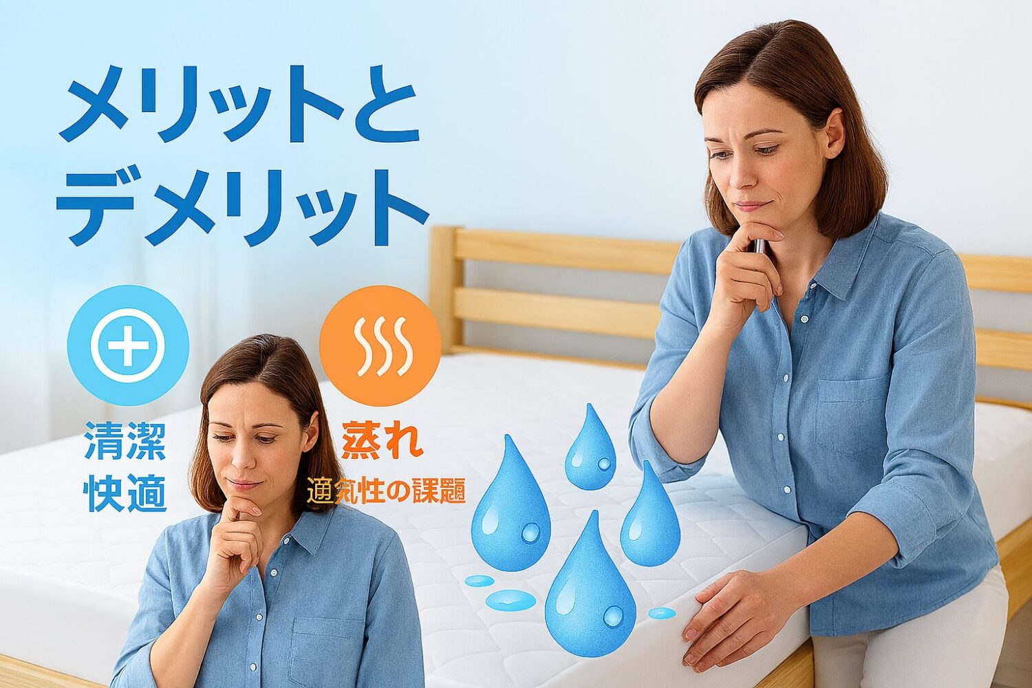 テーマ：メリットとデメリット 要素：ベッドに防水マットレスカバー、水滴を弾くイメージ、左右にメリットとデメリットのアイコン（清潔・快適 vs 蒸れ・通気性の課題） 雰囲気：清潔感・安心感・比較のしやすさを表現 人物の様子：30代女性が商品を検討している姿