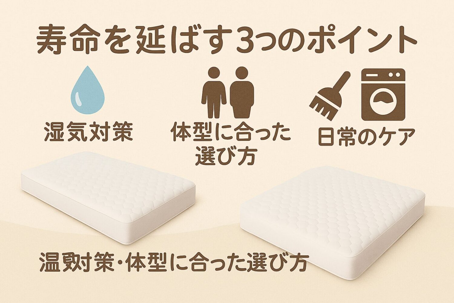 テーマ：西川マットレスの寿命を左右する3つの要因 要素：マットレスの画像、湿気を表す水滴アイコン、体型の違いを表すシルエット、ブラシや洗濯機のアイコン 雰囲気：清潔感があり、安心できるトーン。初心者にもわかりやすい雰囲気 テキスト要素：「寿命を延ばす3つのポイント」「湿気対策・体型に合った選び方・日常のケア」