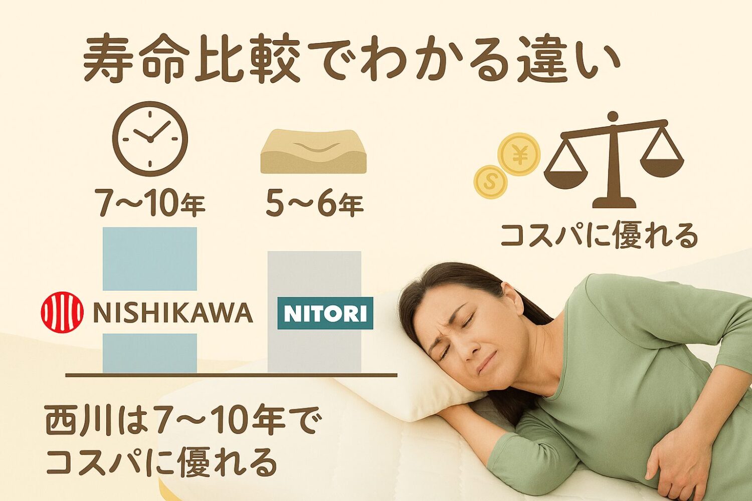 テーマ：西川マットレスと他社製品の寿命比較 要素：3ブランド（西川・ニトリ・エアウィーヴ）のロゴやアイコン、寿命年数を示すグラフや時計アイコン、コスパを表すコインや天秤イラスト 雰囲気：信頼性とわかりやすさを重視したシンプルで清潔感のあるデザイン