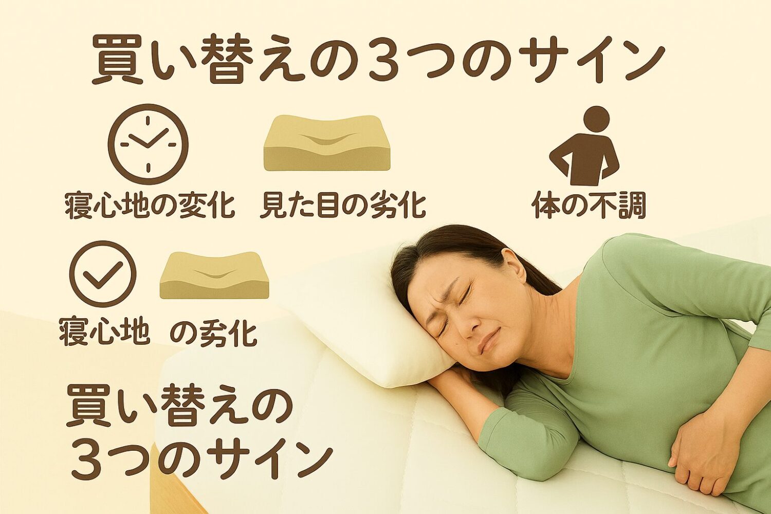 テーマ：西川マットレスの買い替えサイン 要素：ベッドに横たわる人の画像、凹んだマットレスの図、腰や肩を押さえる人のシルエット、チェックマークのアイコン 雰囲気：安心感と信頼感を与えるやさしいトーン、初心者にもわかりやすいビジュアル テキスト要素：「買い替えの3つのサイン」「寝心地の変化・見た目の劣化・体の不調」