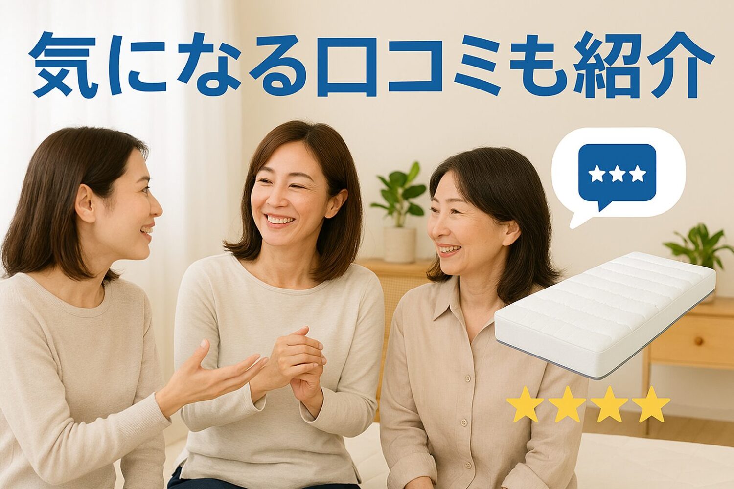 テーマ：気になる口コミも紹介 要素：口コミの吹き出しアイコン、星評価、マットレスのイメージ画像 雰囲気：信頼感・安心感を与える柔らかいデザイン 人物像：30〜50代の女性３人が懇談している様子