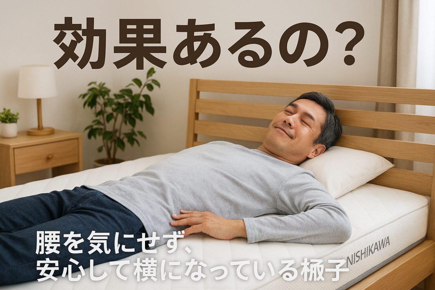 テーマ：効果あるの？ 要素：西川マットレスをベッドに敷いた寝室、腰を気にしている人が安心して横になっている様子 雰囲気：清潔感のある寝室、リラックスできる穏やかな雰囲気 人物像：30代〜50代男女、腰痛に悩むが快眠を求めている層、朝すっきり起きたいという願望あり