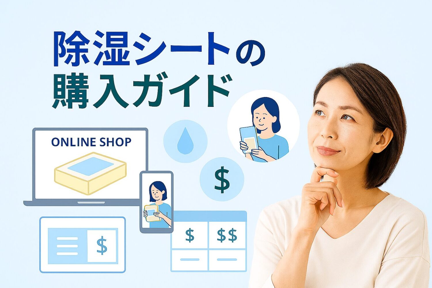 テーマ：マットレス 除湿シート購入ガイド 要素：通販サイトのイメージ（パソコンやスマホ画面）、実店舗で商品を確認する様子、価格比較の表やアイコン 雰囲気：安心感・比較しやすい・清潔感（ブルーとホワイトを基調） 人物像：40代の女性が購入の検討をしている様子