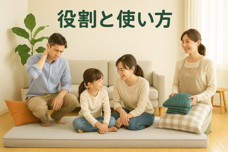 明るく温かみのあるリビング空間に「役割と使い方」というテーマを視覚的に表現しています。肩こり・腰痛に悩む一人暮らしの男性、小さな子どもと過ごす母親、来客を迎える家庭主婦が、それぞれ異なるシーンでマットレスを活用している様子を写真で描写。クッションやブランケットなどの小物が、生活感と安心感を自然に演出しています。