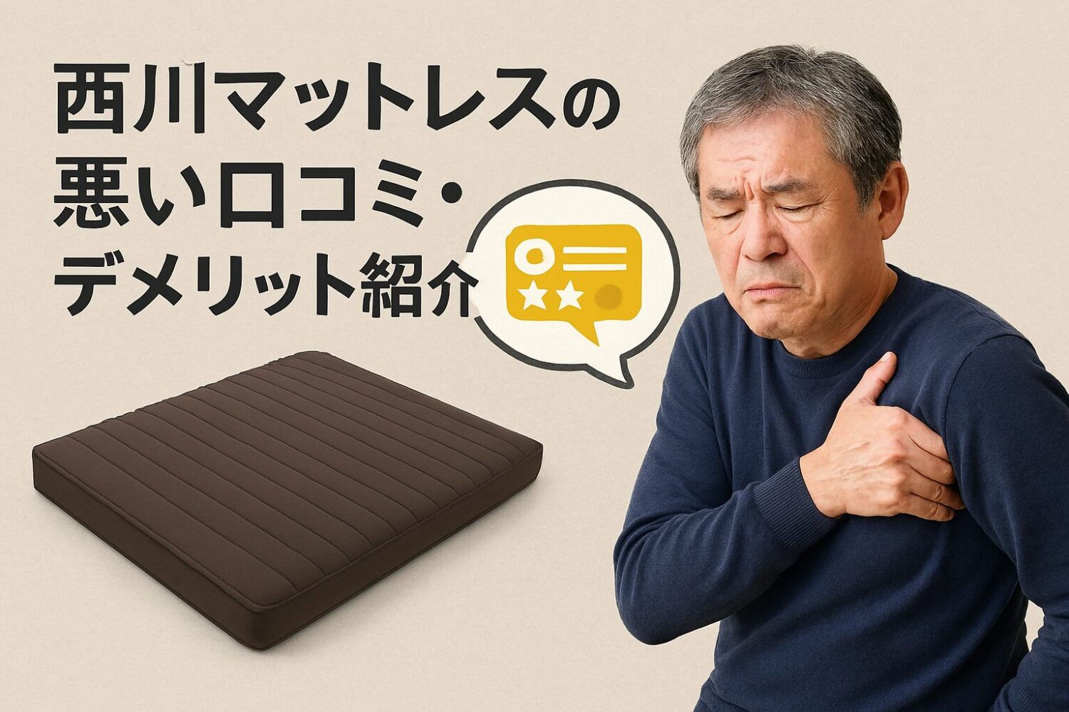 テーマ：西川マットレスの悪い口コミ・デメリット紹介 要素：マットレスのイラスト、困った表情の人物、口コミを示す吹き出しアイコン 雰囲気：やや落ち着いたトーン、不安を共感しつつ解決を促す安心感のあるデザイン 人物像：50代の男、腰や肩を押さえて悩んでいる様子