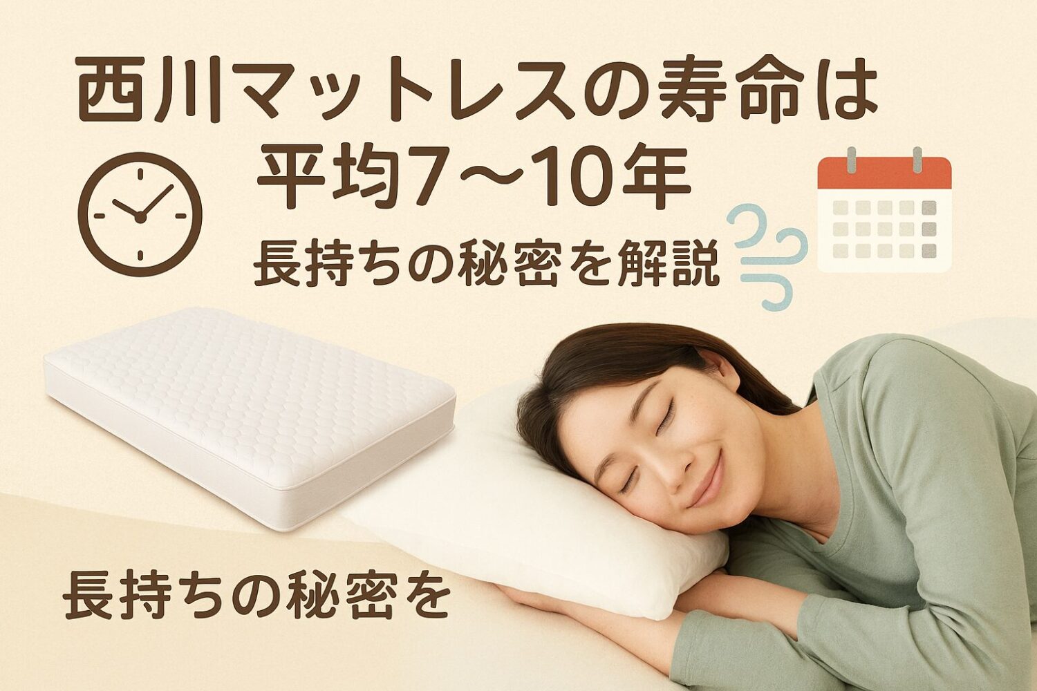 テーマ：西川マットレスの寿命と長持ちの理由 要素：マットレスの画像、時計やカレンダーで寿命を表すアイコン、通気性をイメージする風の線、快眠する人のシルエット 雰囲気：やさしく安心感のあるデザイン、睡眠の質を高める雰囲気 テキスト要素：「西川マットレスの寿命は平均7〜10年」「長持ちの秘密を解説」