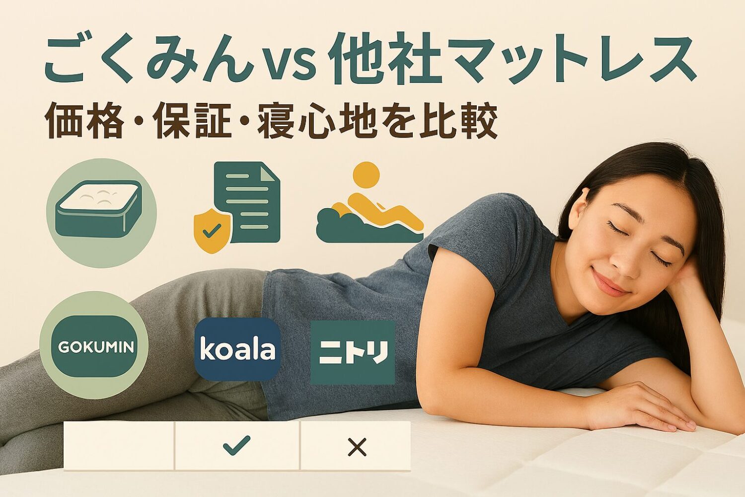テーマ：ごくみんマットレスと他社マットレスを比較し、違いをわかりやすく伝えるビジュアル 要素：ごくみん・エマ・コアラ・ニトリの比較を示すアイコンや表、寝心地をイメージさせる画像 雰囲気：フラットで親しみやすい・信頼感のあるデザイン テキスト要素：「ごくみん vs 他社マットレス」「価格・保証・寝心地を比較」