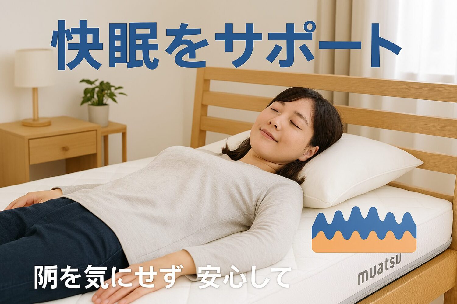 テーマ：快眠をサポート 要素：ムアツマットレスのイメージカット、凹凸構造のイラスト 雰囲気：清潔感のある明るい寝室、安心感と信頼性を感じさせるデザイン 人物像：30代の女、腰痛や肩こりに悩むが快眠を求めている