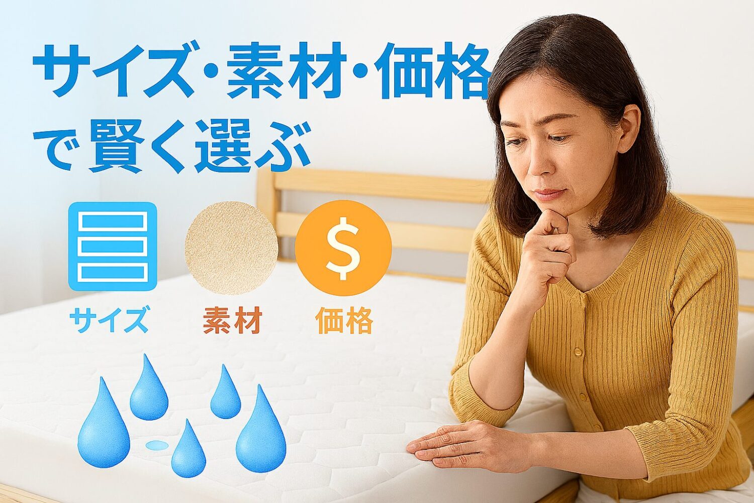 テーマ：サイズ・素材・価格で賢く選ぶ 要素：ベッドにかけられた清潔なマットレスカバー、サイズ表のイメージアイコン、素材を象徴する布地のテクスチャ、価格帯を示すシンプルなアイコン 雰囲気：清潔感があり、初心者でも理解しやすい安心感のあるデザイン 人物の様子：日本人の40代女性が商品を比較検討している様子